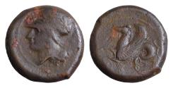 Ancient Coins - Sicily, Syracuse Æ 19mm 8,7g Litra. Dionysios I, circa 375-344 BC. Head of Athena left, wearing Corinthian helmet; ΣYPA above, dolphin before and behind / Hippocamp left,