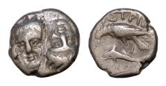 Ancient Coins - MOESIA, Istros. 4th century BC. AR 1/4 Drachm (11mm, 1,5 g). Two facing male heads, one inverted / Sea-eagle left, grasping dolphin with talons.Good Very