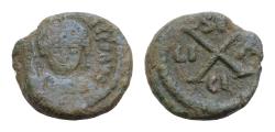 Ancient Coins - Maurice Tiberius Æ 14mm 2,8g 10 Nummi. Catania or Syracuse(?), AD 582-587. D N mAVR Tib P P AVC, helmeted and cuirassed bust facing, holding globus cruciger / Large X; SE-CI-LI-A w