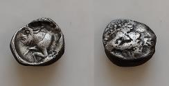 Ancient Coins - SICILY, ??  Circa 5 century BC. AR 9mm  Litra 0.61 gm. Uncertain !! Very rare !!  ???? / Forepart of man-headed bull Left . Very Fine . Very rare !!