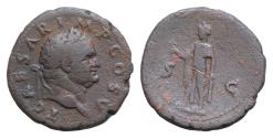 Ancient Coins - TITUS, 79-81 AD. Æ 27mm  As (10,3gm) of Rome as Caesar 76 AD. Laureate head / Spes standing holding flower and raising skirt.