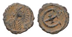 Ancient Coins - Justinian I, 527 - 565 AE Pentanummium, Antioch or Theoupolus Mint, 16mm, 1,7grams DN IVSTINIANVS PP AVG, Diademed, draped and cuirassed bust of Justinian right. Large E with cross