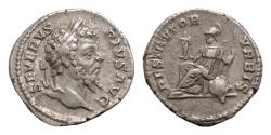 Ancient Coins - Septimius Severus, AD 193-211. AR, Denarius. 3.3g. 19 mm. Rome.  SEVERVS PIVS [AVG]. Head of Septimius Severus, laureate, right.  RESTITVTOR VRBIS. Roma, helmeted, draped, seated