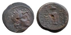 Ancient Coins - SELEUKID KINGS of SYRIA. Antiochos VI Dionysos, 144-142 BC. AE19mm 7,5g Apameia. Diademed and radiate head of Antiochos VI to right Kantharos