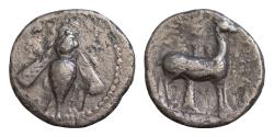 Ancient Coins - Ionia, Ephesos. AR 18mm Drachm, 3.13g . Struck circa 340-325 BC.  Bee with straight wings; E-Φ flanking  Stag standing right, palm tree behind;