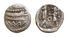 Ancient Coins - SAMARIA. Circa 375-333 BCE. AR 10mm Obol (0,8gm). Phoenician galley sailing  / Persian king slaying lion;  Good VF,