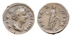 Ancient Coins - Diva Faustina, died 140/1. AR18mm 3,5g  Denarius. Rome. DIVA FAVSTINA. Draped bust of Diva Faustina, right.. AETERNITAS. Aeternitas standing front, head to left, raising her right