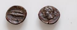 Ancient Coins - SICILY, Leontini. After 210 BC. Æ (13mm, 1.6g,). Wreathed head of river god left; plow to right / Two fish left