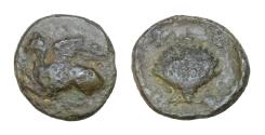 Ancient Coins - Greek UNCERTAIN. (4th-3rd centuries BC) AE Bronze (11mm 1.2g) Obv: Griffin galloping left within dotted circle Rev: Shell Very Fine . Extremely Rare