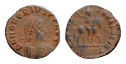Ancient Coins - Honorius (393-423), AE follis 14mm, 1,8g Antiochia, 392-395. D N HONORIVS P F AVG, pearl-diademed, draped and cuirassed bust of Honorius  GLORIA ROMANORVM, Honorius on horseback