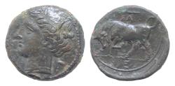 Ancient Coins - Syracuse , Sicily. Agathokles (317-289 BC). AE19mm 6,4g. c. 317-310 BC. Head of Kore left; before Bull butting left; above, club and IA; below, IE.