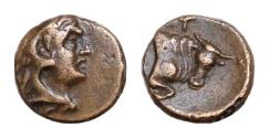 Ancient Coins - LUCANIA, Thourioi. Circa 280-213 BC. Æ (9.5mm, 1g,). Head of Herakles right, wearing lion skin / Forepart of bull right.