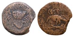 Ancient Coins - Sicily, Akragas, c. 420-406 BC. Æ Hemilitron 28mm, 15.7g,  Eagle l., wings spread, tearing at dead hare. R/ Crab; below, hippocamp r.; six pellets around.