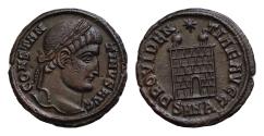 Ancient Coins - CONSTANTINE I. 307-337 AD. Æ Follis (19mm - 3,2g). Nicomedia mint. Struck 328-9 AD. CONSTAN-TINVS AVG, pearl-diademed head right / PROVIDEN-TIAE AVGG, camp-gate