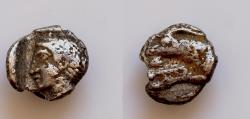 Ancient Coins - Thraco-Macedonian Region,  AR Obol  8mm  0,63g. Circa 6-5th century BC.  Male Head  .Forepart of goat left  . Uncertain Unpublished in the standard references