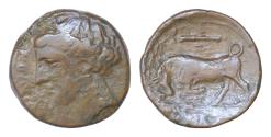 Ancient Coins - SICILY. Syracuse. Hieron II. 275-215 B.C. Æ hemilitron. 5.2gm. 18 mm. Struck circa 275-269 B.C. Wreathed head of Persephone left / Bull butting left; club and T above, IE in exergu