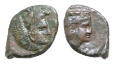 Ancient Coins - SICILY, Himera (as Thermai Himerensis). 407-406 BC. Æ 12-16mm g, 2,5g Head of Herakles right, wearing lion skin / Head of Hera right, wearing stephane