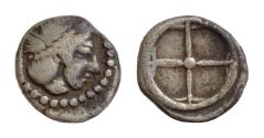 Ancient Coins - SICILY, Syracuse. Hieron I. 478-466 BC. AR Litra (8mm, 0.57g). . Diademed head of Arethousa right, wearing single-pendant earring and pearl necklace / Wheel with four spokes.