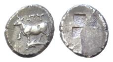 Ancient Coins - THRACE, Byzantion. Circa 340-320 BC. AR Siglos (18mm, 5.4g). Heifer standing left on dolphin left / Incuse punch of mill-sail pattern.
