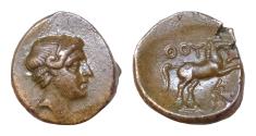 Ancient Coins - LUCANIA, Thourioi. Circa 280 BC. Æ 13mm 2,13gm. Head of Apollo right / ΘOΥ, horse galloping right; AΣ monogram below. SNG ANS 1201. EF,
