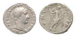 Ancient Coins - Trajan (98-117). AR Denarius (18mm, 3,2g, ). Rome, 102. Laureate bust r., slight drapery. R/ Victory standing r., head l., holding wreath and palm frond