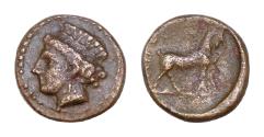Ancient Coins - Thrace, Aigospotamoi Æ 11mm. 1,1g  Late 4th century BC. Head of Hera to left, wearing laureate polos / goat standing to right.