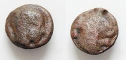 Ancient Coins - SICILY, Selinos. Circa 450-440 BC. Cast Æ Hexas (18mm, 7,6g). Youthful head of river-god Selinos right / Selinon leaf; two pellets (mark of value) flanking. Price, Selinus