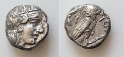 Ancient Coins - Attica. Athens circa 355-294 BC. Tetradrachm AR 21mm., 16,7g. Head of Athena to right, wearing crested Attic helmet with palmette and three olive leaves / ΑΘΕ, owl standing right,