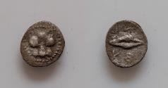 Ancient Coins - Sicily, Leontinoi, c. 476-466 BC. AR Litra (9mm, 0,4g,). Facing lion's scalp. R/ Barley grain.