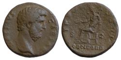 Ancient Coins - Aelius, Caesar. AD 136-138. Bronze Sestertius (30 mm, 22,2g.). Rome mint, struck 137 AD. L· AELIVS · CAESAR·, bare head of Aelius right. TR POT COS II S - C, Concordia seated