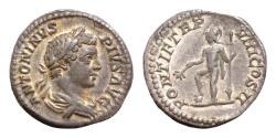 Ancient Coins - Caracalla (198-217 AD). Rome AR Denarius mm 3.1g PONTIF TR P VIII COS II. Mars standing to left, foot on helmet, holding branch and spear.