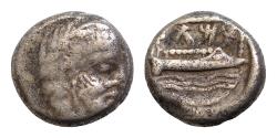 Ancient Coins - PHOENICIA, Arados. Circa 380-351/0 BC. AR 1/3 Stater – Tetrobol (13mm, 2,9g, ). Laureate head of marine deity right / Galley right; three waves below;