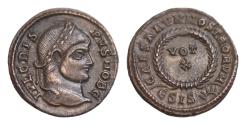 Ancient Coins - Crispus, 316-326 AD. AE Silvered  Follis. 3g. 18mm. Silvered Follis IVL CRISPVS NOB C. Head of Crispus, laureate, right.  CAESARVM NOSTRORVM / VOT / X / E SIS - Sun. Wreath, VOT X