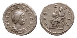 Ancient Coins - Julia Maesa, sister of Julia Domna and grandmother of Elagabalus. Denar. Rome. AR 19mm 3g. / PVDICITIA, Pudicitia seated left, raising veil and and holding Globe !!!! and scepter.