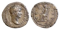 Ancient Coins - Hadrian AD 117-138. Rome Denar AR 19mm., 3,08g. COS III; Pudicitia veiled and draped, seated left on throne, holding right hand before face and left hand on lap.