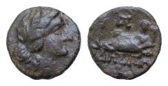 Ancient Coins - Thrace, Odessos Æ 15mm. 3,5g  Circa 270-250 BC. Diademed young head to right (Apollo?) / The Great God of Odessos reclining to left on plinth inscribed ΟΔΗΣΙΤΩΝ