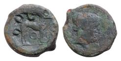 Ancient Coins - Sicily, Segesta Æ 18mm 7,5g  Trias. Circa 410-400 BC. Head of Aigiste to right, wearing sphendone / Hound standing to right, four punched pellets (mark of value) around.