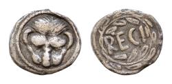 Ancient Coins - Bruttium. Rhegion. AR 11mm 0,6g.  Litra. ca. 445-435 B.C Facing lion head, RECI within olive wreath.
