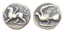 Ancient Coins - Sikyonia. Sikyon circa 330-280 BC. Hemidrachm AR 15mm., 2,6g. Chimaera standing left, raising forepaw, ΣI below / Dove flying left, NO behind (N retrogade).