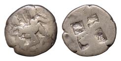 Ancient Coins - THRACE. Thasos. 1/3 AR 15mm 3,1g Stater or Drachm (Circa 500-480 BC).  Ithyphallic satyr advancing right, carrying off protesting nymph. Quadripartite incuse square.