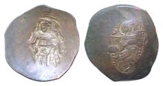 Ancient Coins - Isaac II Angelus. First reign, 1185-1195. BI Silvered Aspron Trachy 25mm, 4,3g, Constantinople mint. The Theotokos enthroned facing, holding head of Holy Infant on lap / Isaac
