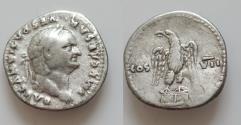 Ancient Coins - Vespasian AR 19mm 3,2gDenarius. Rome, AD 76. IMP CAESAR VESPASIANVS AVG, laureate head right / Eagle standing facing on cippus, head left and wings spread; COS-VII across fields