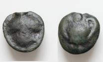 Ancient Coins - SICILY. Selinos. Circa 450-440 BC. Cast Onkia (Bronze, 13mm, 2,3 g). Kantharos with pellet (mark of value) above. Rev. Selinon leaf.