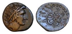 Ancient Coins - ISLANDS off CARIA, Rhodos. Rhodes. Early 1st century AD. Æ (18mm, 3,5g). Radiate head of Helios right / Rose seen from above . Good very Fine