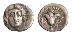 Ancient Coins - ISLANDS off CARIA. Rhodos. Rhodes. (Circa 229-205 BC). Ameinias, magistrate. AR Hemidrachm (11mm 1,2g)  Head of Helios facing slightly right /Rose