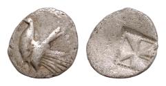 Ancient Coins - SICILY, Himera. Circa 530-483/2 BC. AR Litra (11,5mm, 0.8g). Cock standing left / Mill-sail incuse
