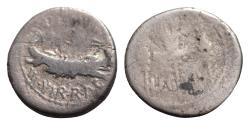 Ancient Coins - Marc Antony, 32-31 BC. AR Denarius (18mm. 3,1g.). Military mint moving with Marc Antony. ANT AVG III VIR R P C, galley right with filleted sceptre on the prow. Rev. LEG XII, aquila