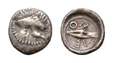 Ancient Coins - Sicily, Leontinoi AR 8mm 0,6g  Litra. Circa 485-466 BC. Lion's head facing / Grain, ΛE-ON around.