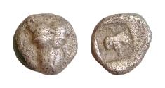 Ancient Coins - Macedon, Dikaia AR Hemiobol. Circa 480-460 BC.AR Hemiobol (6mm, 0.34 g, ). Facing head of lion / Grape bunch within incuse square