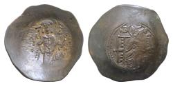 Ancient Coins - Isaac II Angelus. First reign, 1185-1195. BI Silvered Aspron Trachy 27mm, 3,5g, Constantinople mint. The Theotokos enthroned facing, holding head of Holy Infant on lap / Isaac
